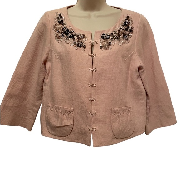 Robert Rodriguez Women’s Embellished Jacket 100% Linen Blush Pink Size 8 Lined